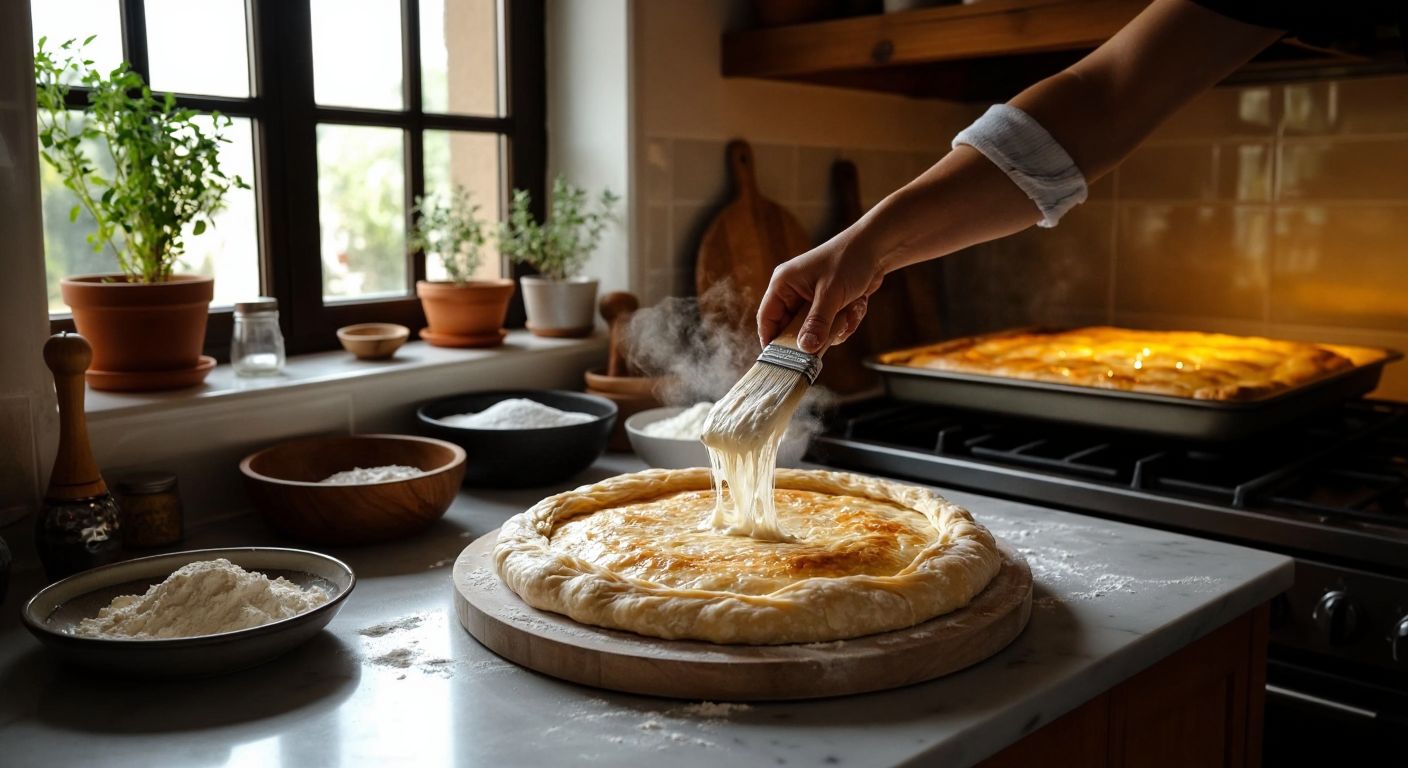 A Turkish kitchen counter with fresh, flaky yufka dough being brushed with sparkling soda, surrounded by bowls of ingredients and a warm golden börek baking in the oven.