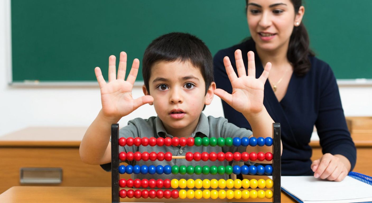 A young Turkish student in a classroom, holding up four fingers with a curious expression, while a teacher points to a colorful abacus with beads grouped in sets of four.