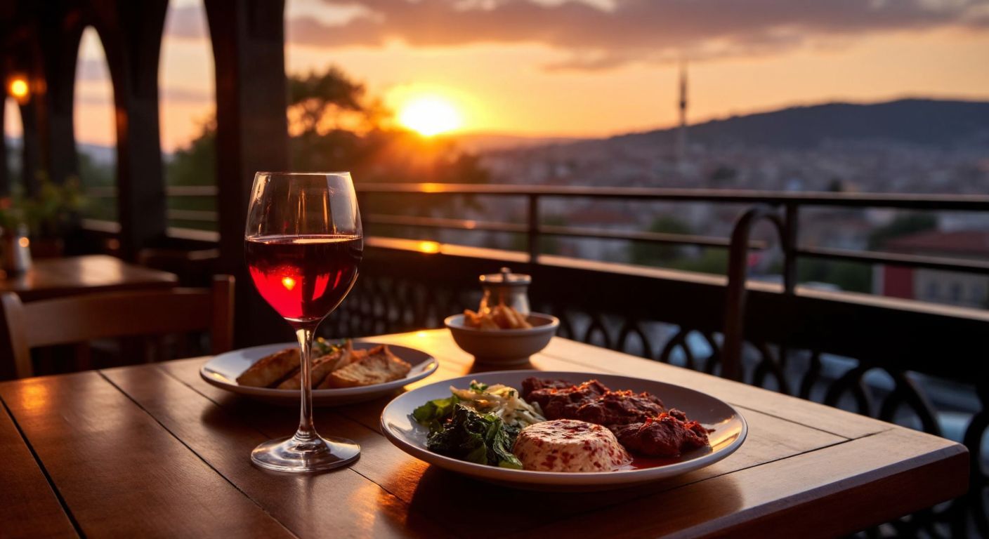 A cozy Turkish café terrace at sunset, with a glass of deep red wine resting on a wooden table beside a plate of meze, evoking warmth and storytelling.