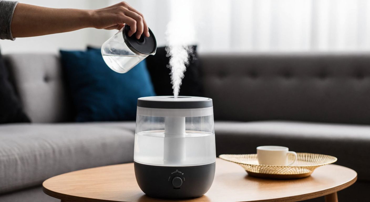 A modern humidifier placed on a wooden table in a cozy Turkish living room, with a person carefully pouring distilled water into its tank while soft steam rises gently into the air.