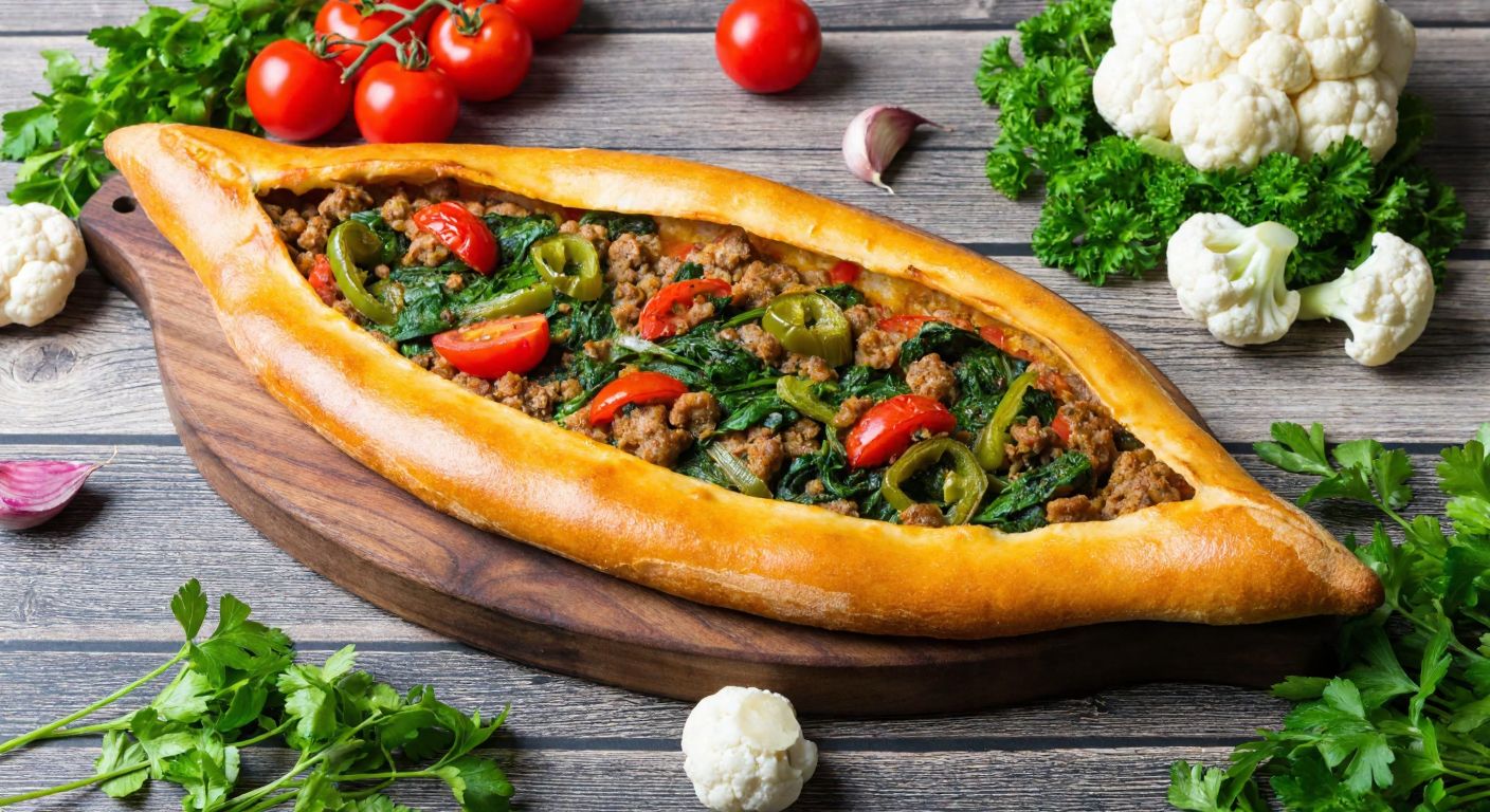 A golden, freshly baked Turkish pide filled with vibrant spinach, tomatoes, green peppers, and minced meat, surrounded by scattered fresh vegetables like parsley and cauliflower on a rustic wooden table.