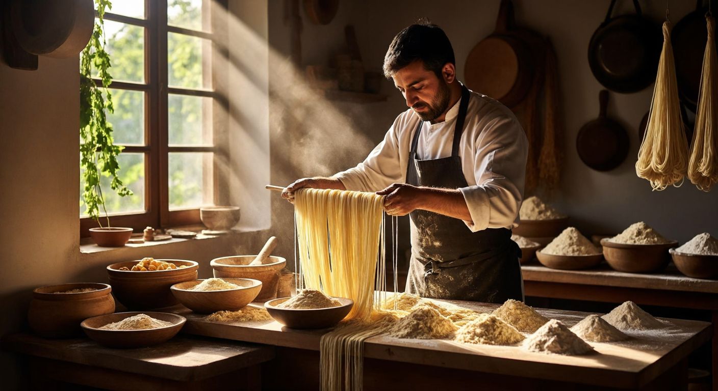 A skilled artisan in a traditional Turkish kitchen stretches golden strands of Kastamonu çekme helva over a wooden table, surrounded by bowls of natural ingredients like flour and sugar, with warm sunlight filtering through the window.
