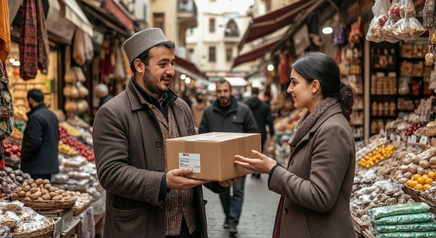 A Turkish merchant in a bustling bazaar comparing two distinct business models—one hand holding a package shipped directly to a customer (dropshipping) and the other gesturing toward a digital catalog of products (XML bayilik).