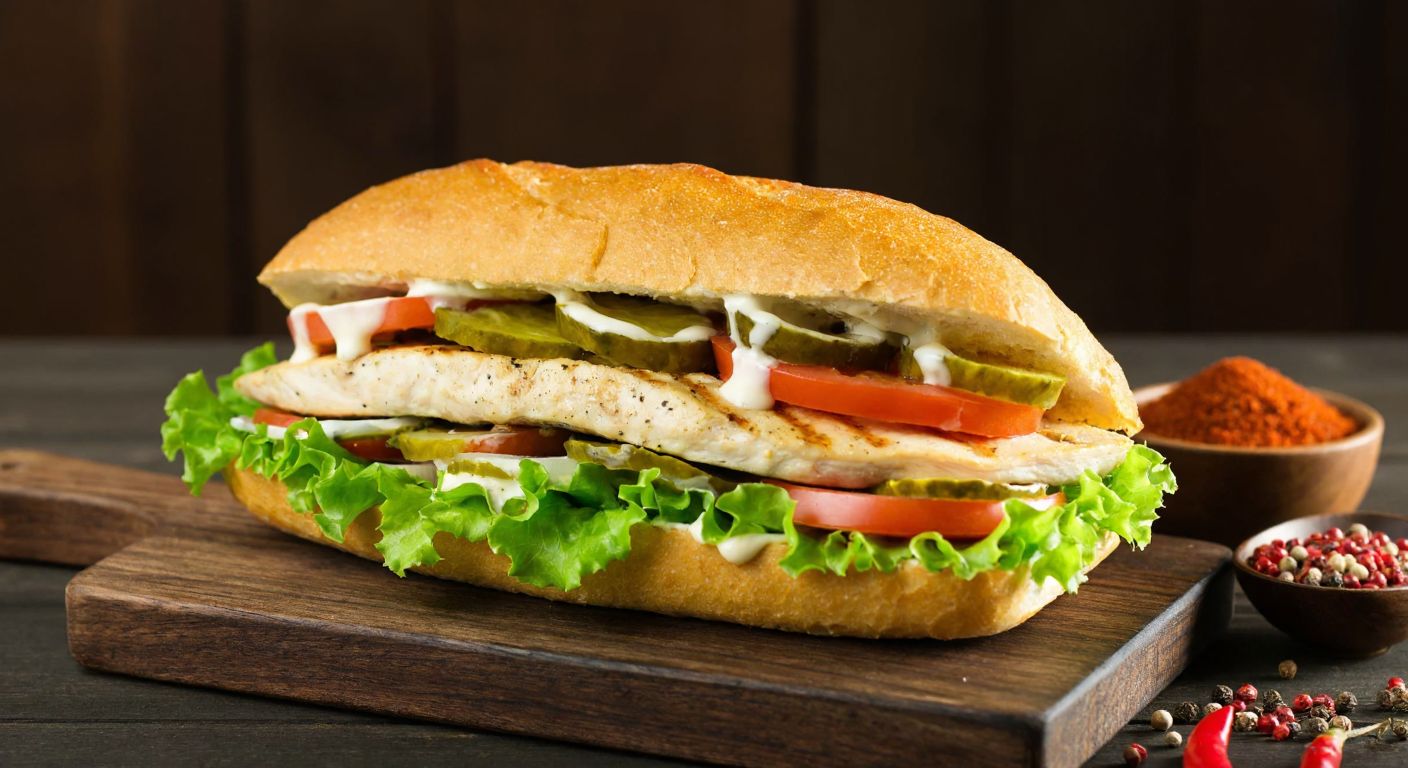 A golden-brown grilled chicken breast, sliced and layered on a warm, crusty bread roll, topped with fresh lettuce, juicy tomato slices, and pickles, with a drizzle of creamy sauce, all resting on a rustic wooden table beside a bowl of aromatic spices like cumin and red pepper flakes.