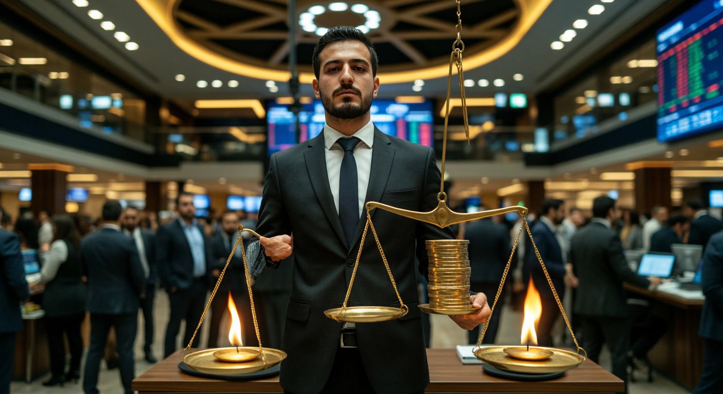 A Turkish businessman in a crisp suit stands confidently on the bustling trading floor of the Istanbul Stock Exchange, holding a golden scale that balances a stack of secure bonds against a small flame symbolizing risk.