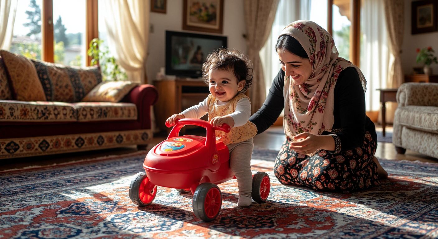 A chubby-cheeked toddler with dark curly hair happily pushes a bright red Fisher-Price walker across a sunlit Turkish living room with a patterned rug, while a smiling mother in a floral headscarf kneels nearby, gently guiding the child.