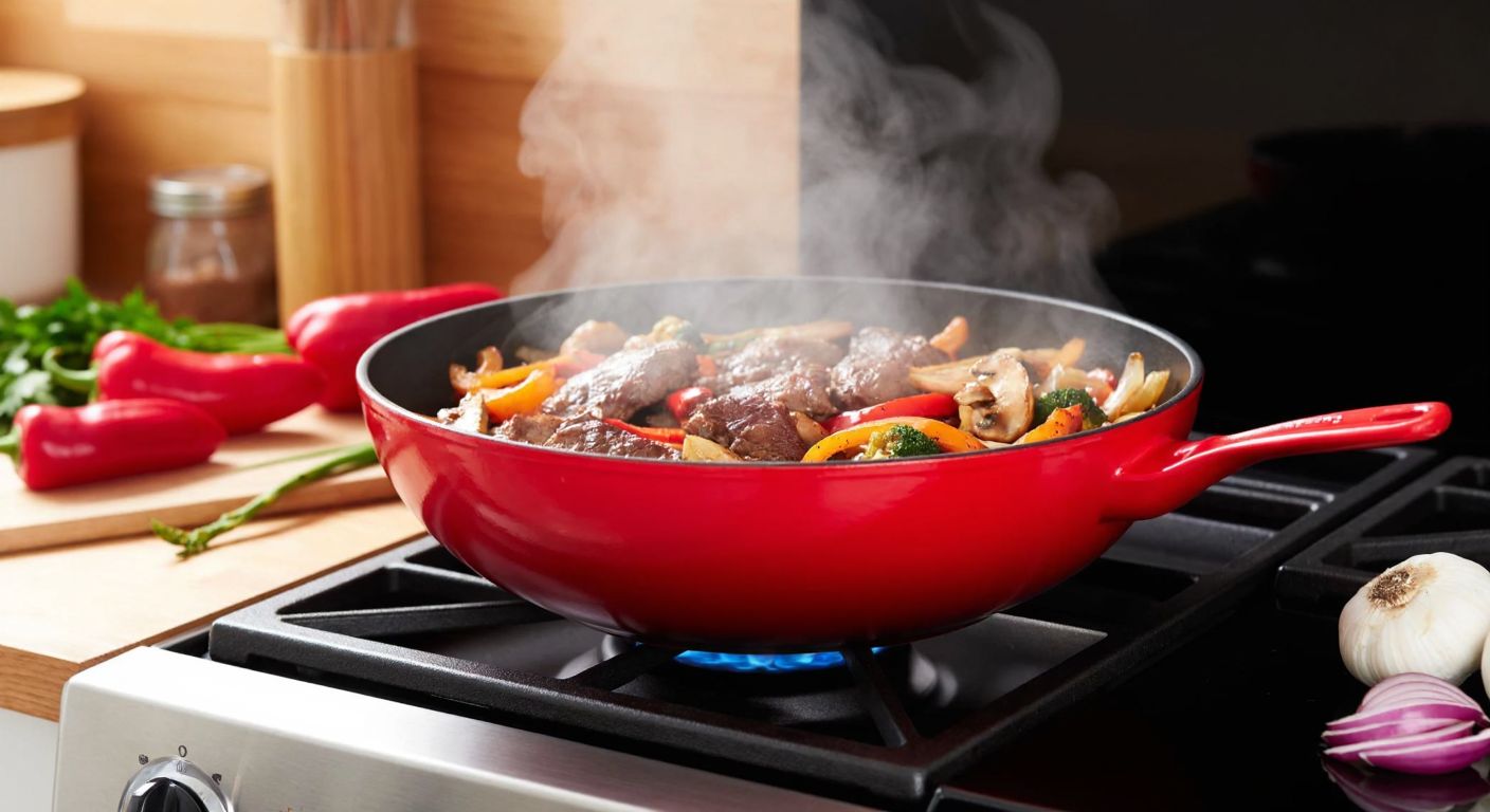 A vibrant red Le Creuset wok sits on a stovetop, filled with sizzling stir-fried vegetables and meat, steam rising from its glossy surface, surrounded by fresh ingredients like peppers and onions on a wooden counter.