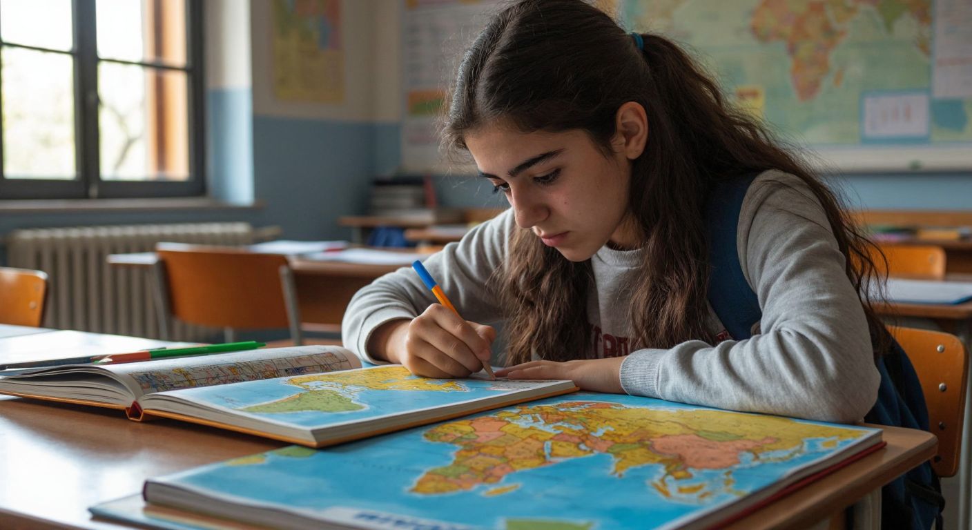 A focused Turkish high school student in a classroom, studying a colorful geography textbook with a world map spread out on their desk, surrounded by notes and a pencil case.