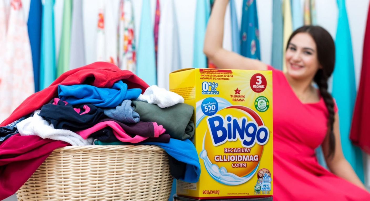 A colorful pile of freshly washed clothes in a Turkish laundry basket, with a bright yellow Bingo detergent box beside it, surrounded by vibrant fabrics and a smiling woman in traditional Turkish attire.