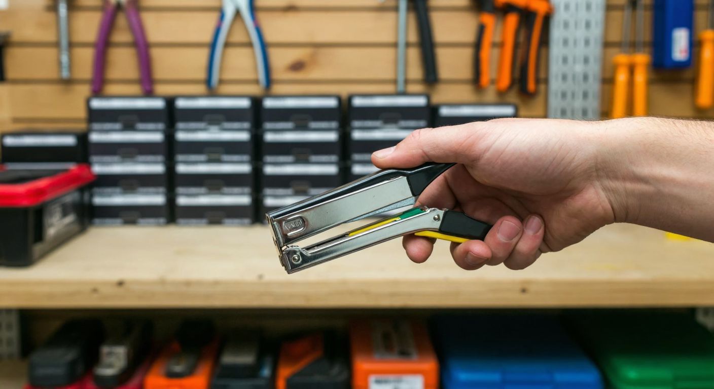A hand holding a small, metallic staple gun with colorful staples against a backdrop of neatly stacked hardware tools on a wooden workbench in a well-lit Turkish workshop.