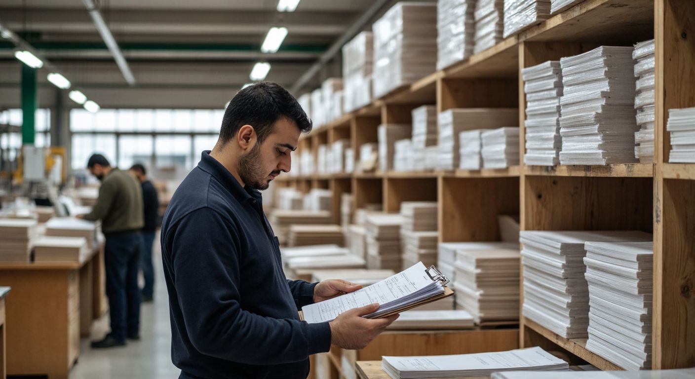 A focused accountant in a Turkish factory office reviews a ledger while workers assemble products in the background, with stacks of raw materials and invoices neatly organized on wooden shelves.
