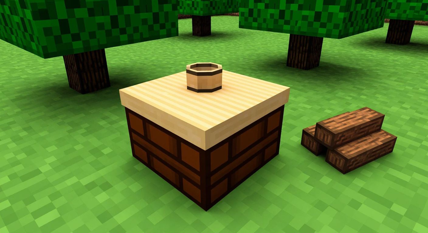 A pixelated wooden crafting table in a blocky forest setting, with a small pile of chopped logs nearby and a simple wooden bowl resting on the table.