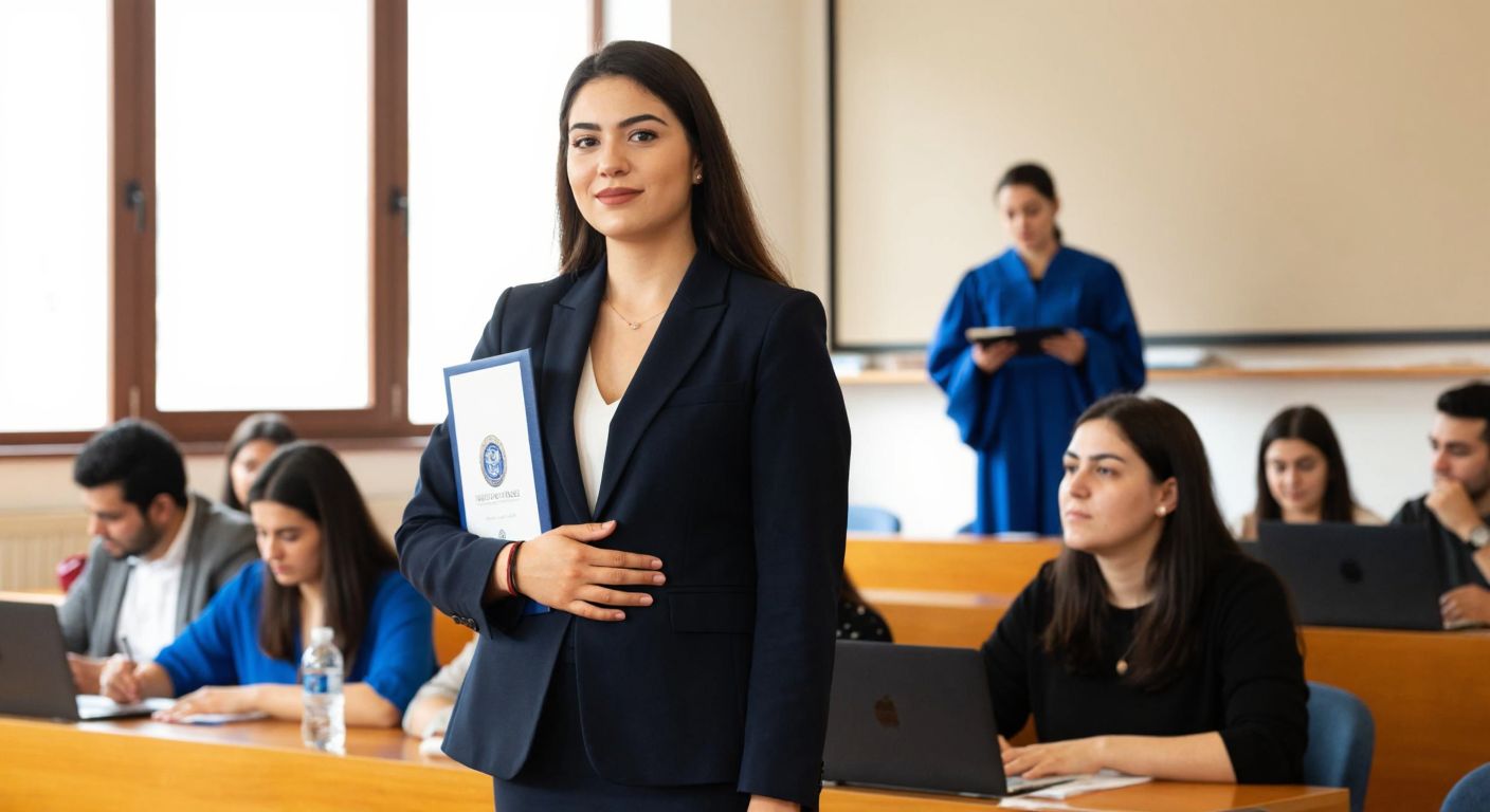 A young woman in a business suit stands confidently in Ankara, holding a diploma from Marmara University, while another woman in academic attire lectures at a university in Çanakkale, surrounded by students.