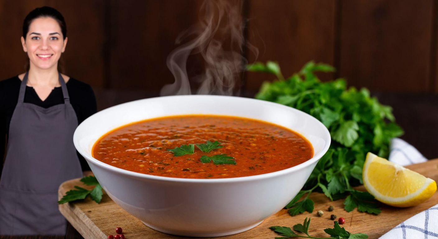 A steaming bowl of vibrant red ezogelin soup sits on a wooden table, surrounded by fresh herbs and a slice of lemon, with a smiling Turkish woman in a kitchen apron nodding approvingly in the background.