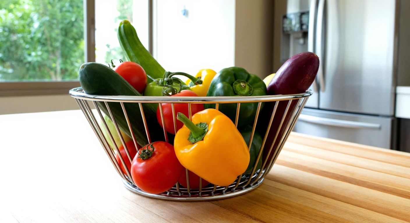 A sleek stainless steel vegetable basket filled with fresh, colorful produce like tomatoes, cucumbers, and peppers, placed on a wooden kitchen counter in a sunlit Turkish home.