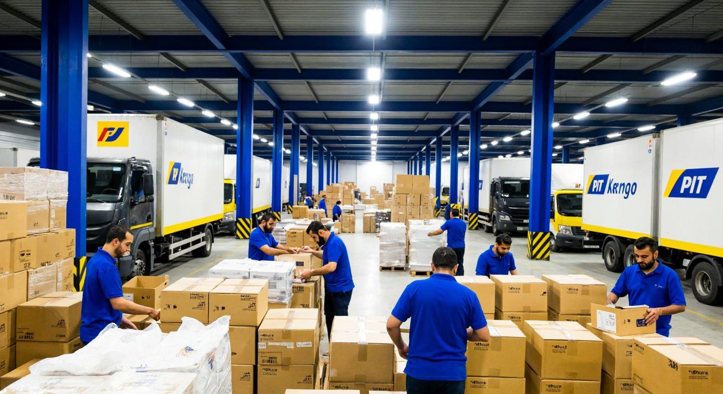 A bustling PTT Kargo warehouse in Bursa with workers in blue uniforms sorting packages under bright fluorescent lights, surrounded by stacks of parcels and delivery trucks outside.