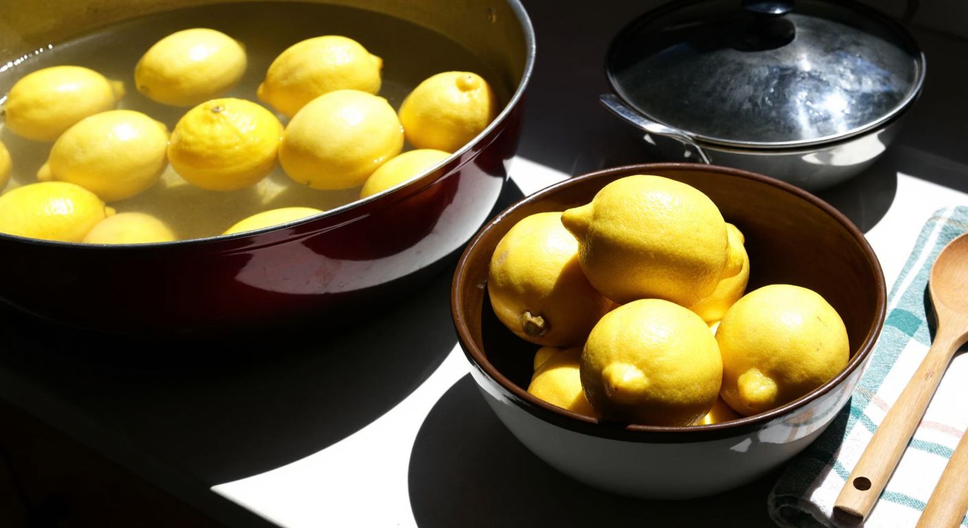 A sunlit Turkish kitchen with a bowl of fresh lemons soaking in clear water, their bright yellow skins glistening, next to a pot of boiling water and a wooden spoon resting on a checkered cloth.