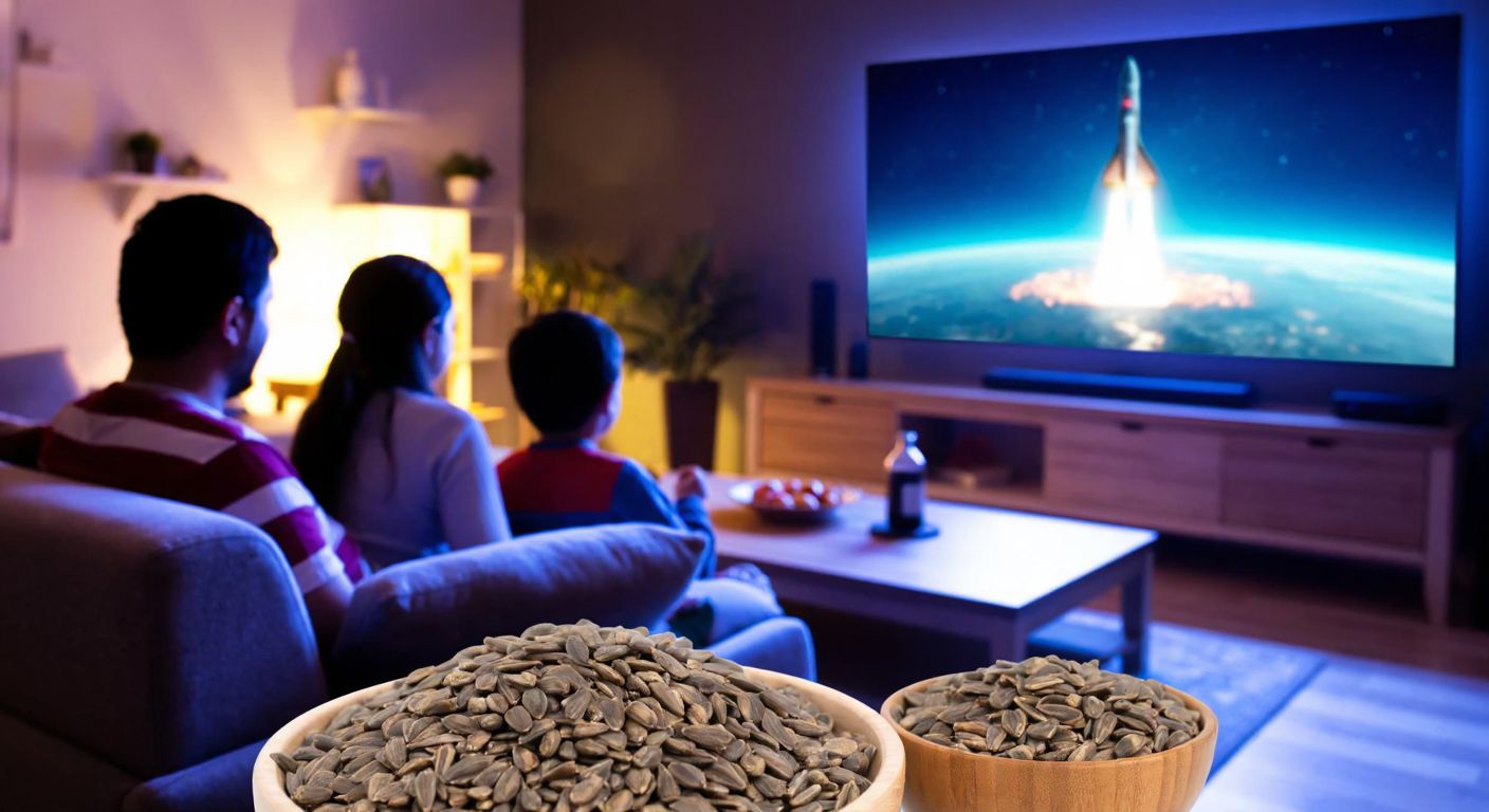 A cozy Turkish living room at night, with a family gathered on a sofa, their faces illuminated by the glow of a TV screen showing a rocket launching into space, while a bowl of roasted sunflower seeds sits on the coffee table.