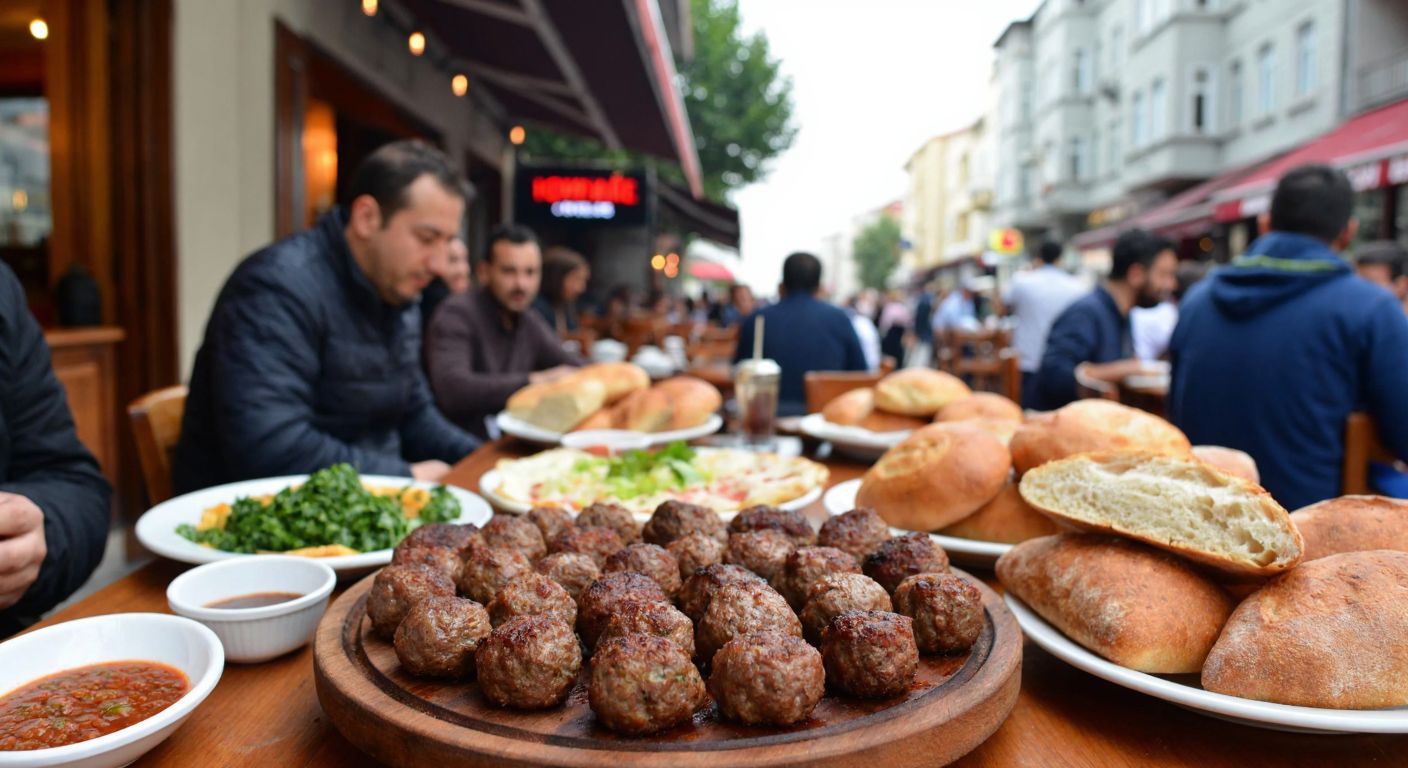 A bustling Istanbul street scene in Bostancı, with a cozy köfteci restaurant serving sizzling, golden-brown meatballs on a wooden plate, surrounded by locals enjoying the meal with fresh bread and traditional Turkish side dishes.