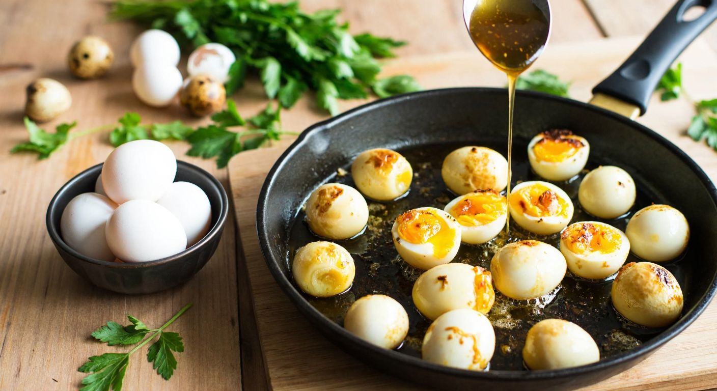 A rustic wooden table in a Turkish kitchen holds a small bowl of raw quail eggs next to a sizzling pan with golden fried quail eggs, a drizzle of honey nearby, and fresh herbs scattered around.