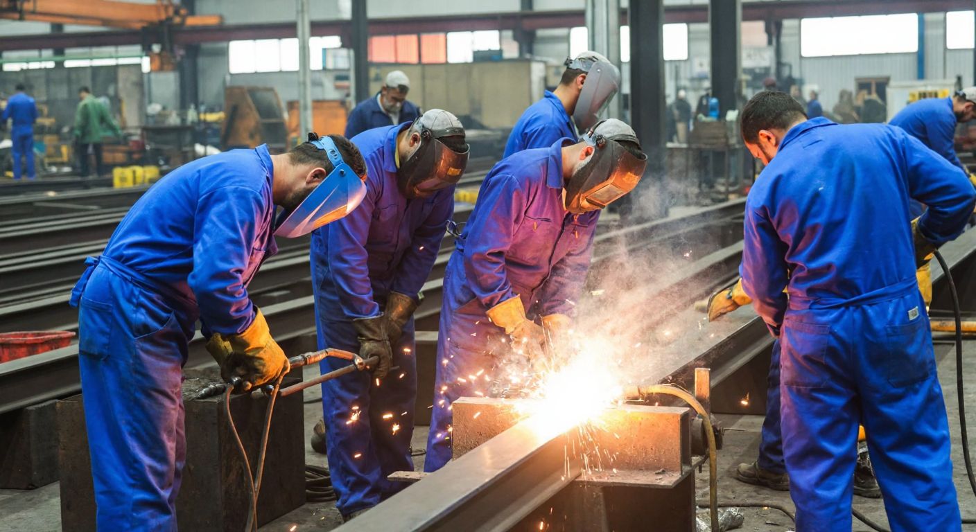 A group of Turkish metalworkers in blue overalls welding steel beams in a bustling factory, their faces lit by sparks and determination.
