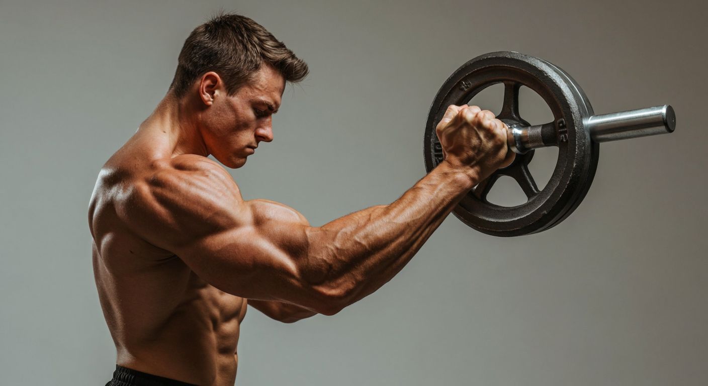 A muscular arm frozen mid-flex against a neutral background, with tension visible in the veins and fibers, contrasting with a second arm dynamically lifting a weight, showcasing the difference between isometric and isotonic contraction.