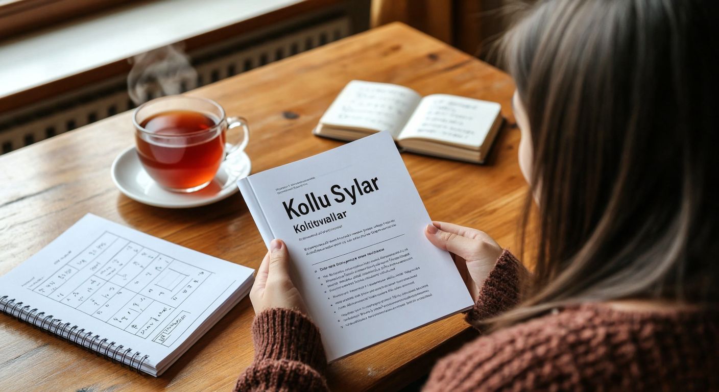 A Turkish student eagerly holds a printed PDF document titled "Köklü Sayılar" while sitting at a wooden desk with a steaming cup of çay, surrounded by math textbooks and a notebook filled with handwritten root calculations.