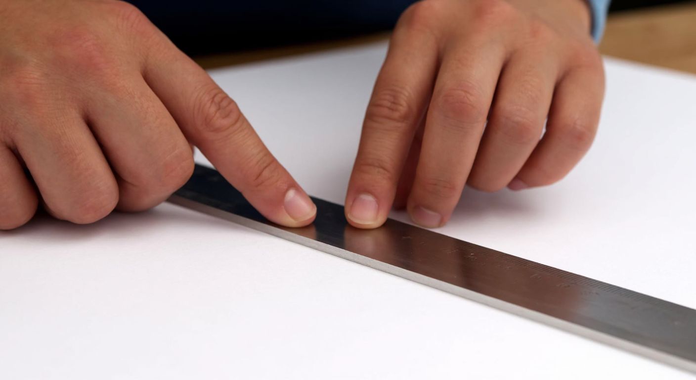 A close-up of a person’s hands carefully guiding a sharp blade along the edge of a ruler to make a precise cut on a crisp white sheet of paper, with focused determination in their grip.
