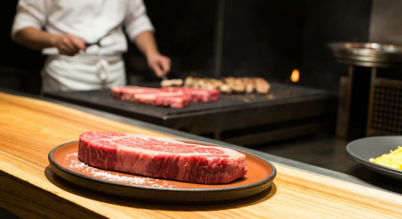 A sizzling, marbled wagyu beef steak on a rustic wooden table in İzmir, with a chef in a white apron grilling meat in the background, surrounded by the warm glow of a traditional Turkish ocakbaşı (grill) setting.