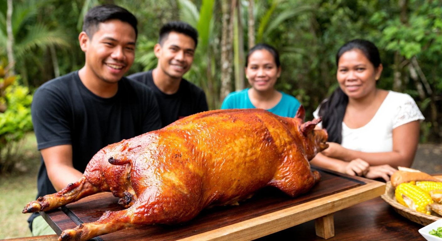 A golden-brown roasted pig on a wooden platter, surrounded by vibrant tropical greenery and Filipino villagers smiling as they prepare to share the meal.