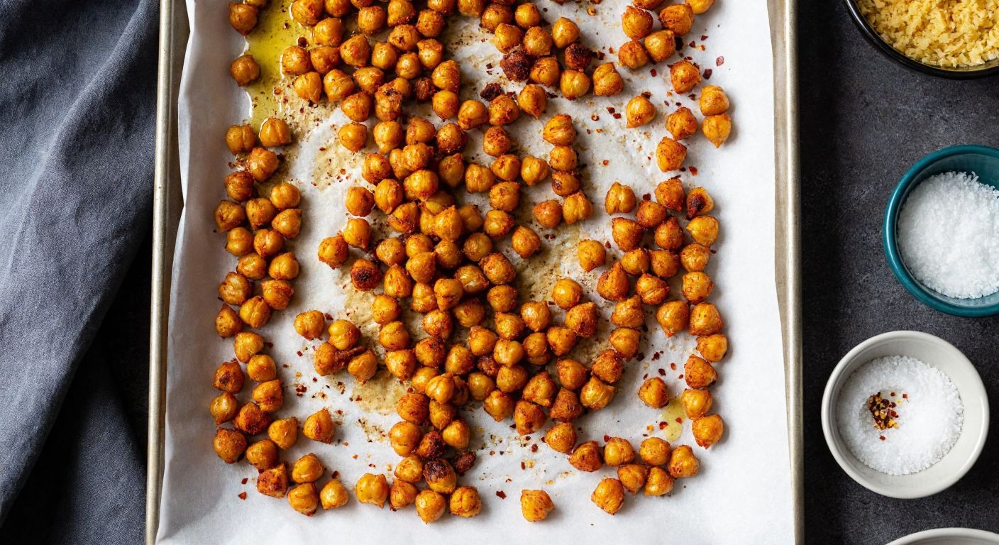 A rustic Turkish kitchen countertop with golden-brown roasted chickpeas scattered on a parchment-lined baking tray, glistening with olive oil and sprinkled with red pepper flakes and garlic powder, evoking warmth and crispiness.