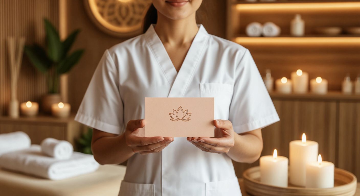 A serene Turkish massage therapist in a white uniform holds a sleek, minimalist business card with warm earth tones, featuring a small embossed lotus design, while standing in a softly lit spa with wooden decor and aromatic candles.