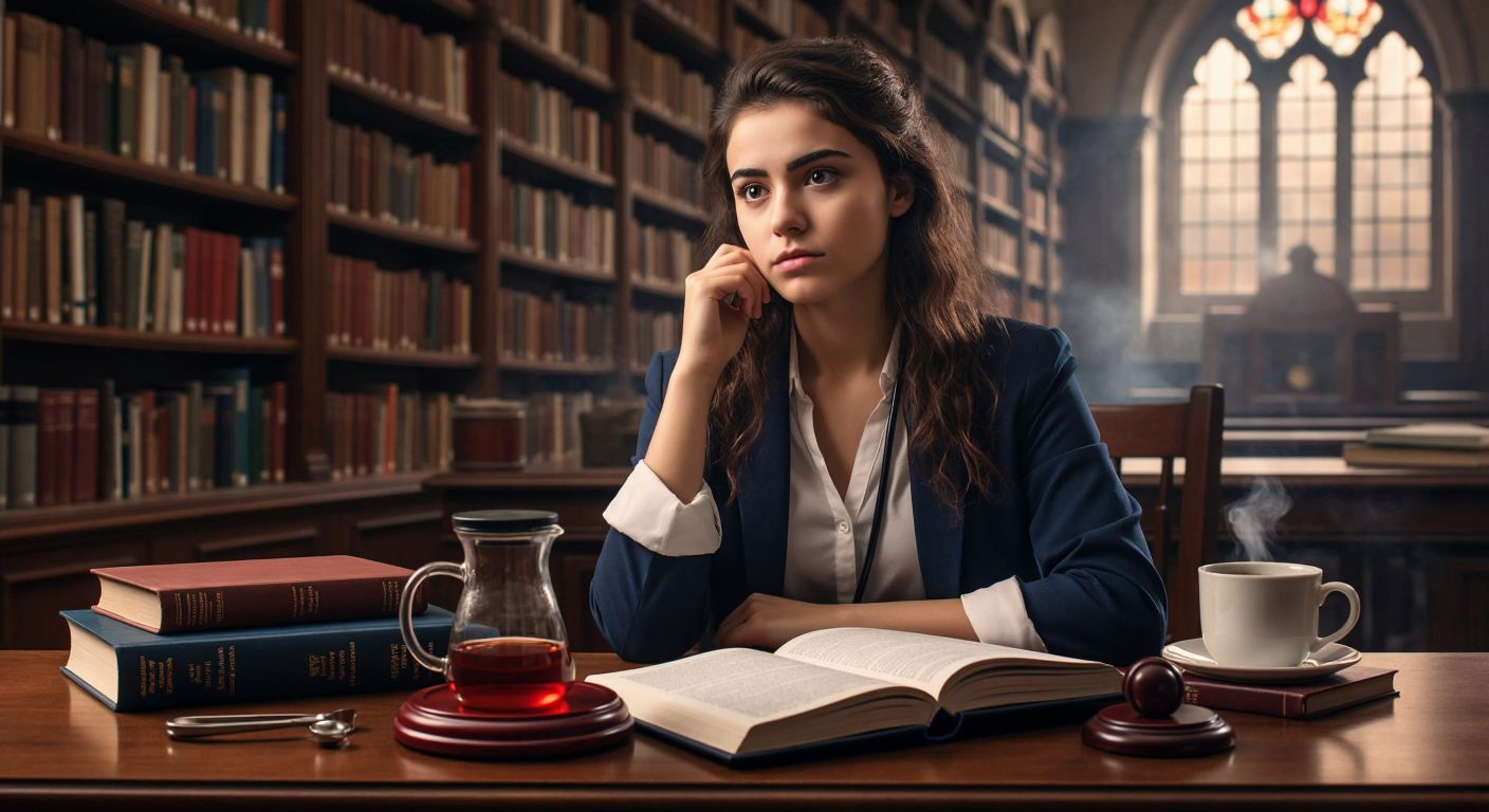 A young Turkish student in a library, looking thoughtfully between a stethoscope on a medical textbook and a gavel on a law book, with a furrowed brow and a cup of çay steaming beside them.