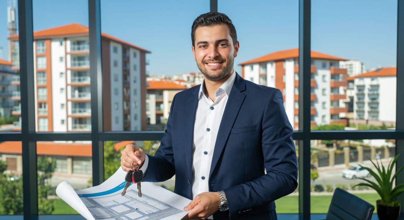 A well-dressed Turkish real estate agent in a modern office, smiling confidently while holding a set of keys and a blueprint, with a vibrant cityscape featuring apartments and commercial buildings visible through the window behind them.