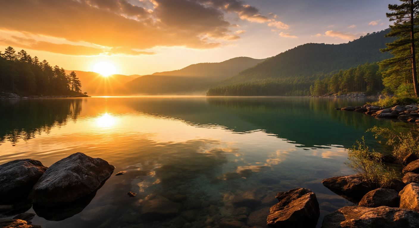 A vast, serene landscape featuring three distinct lakes—one with rocky shores under a golden sunset (Hazar Gölü), another surrounded by dense forests and mist (Superior Gölü), and the last with tropical greenery and fishermen in small boats (Victoria Gölü)—symbolizing the diversity of the world's largest lakes.