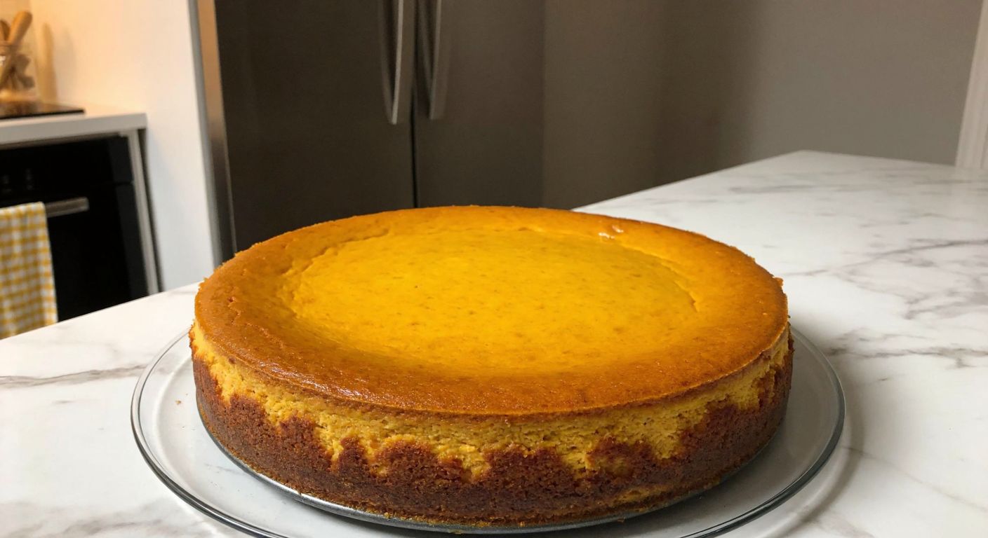 A golden-brown pumpkin cheesecake sits on a marble countertop in a cozy Turkish kitchen, with a refrigerator door slightly ajar in the background, hinting at the cooling process.