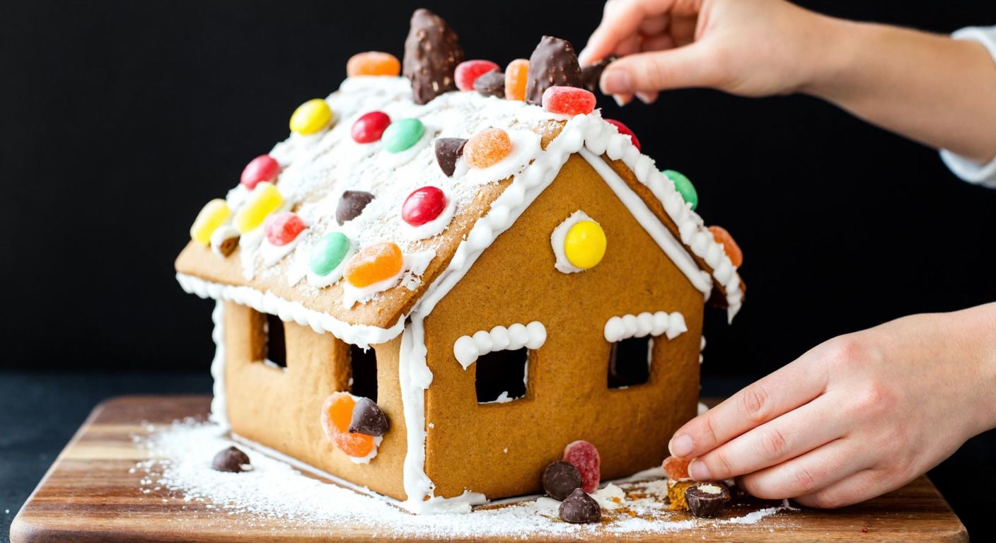 A warm, golden-brown gingerbread house sits on a wooden table, its roof dusted with white royal icing like fresh snow, adorned with colorful candies, chocolate pieces, and coconut flakes, while a pair of hands carefully decorates the edges with delicate icing details.