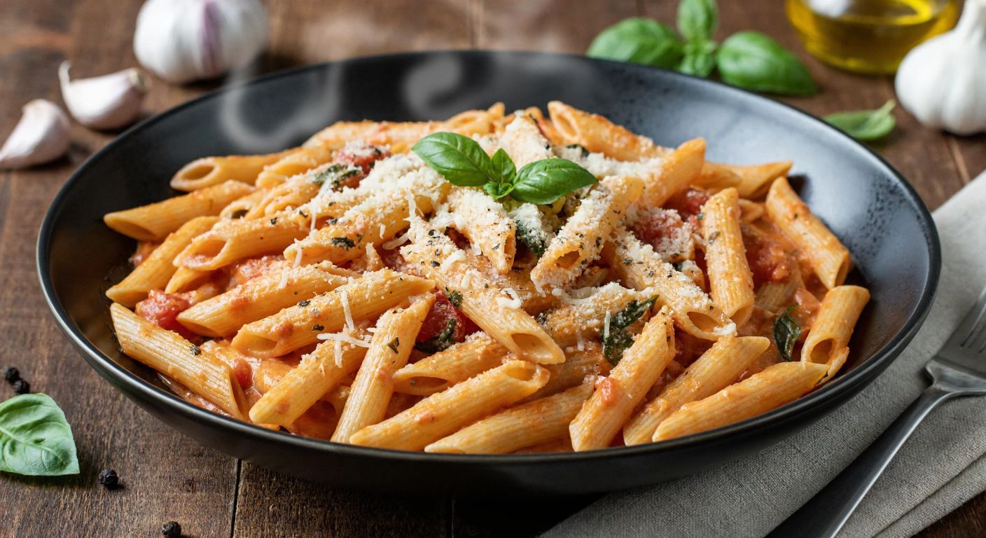 A steaming plate of penne pasta coated in a rich, creamy tomato-vodka sauce, garnished with freshly grated parmesan and finely chopped basil, set on a rustic wooden table with scattered ingredients like garlic, onions, and olive oil nearby.