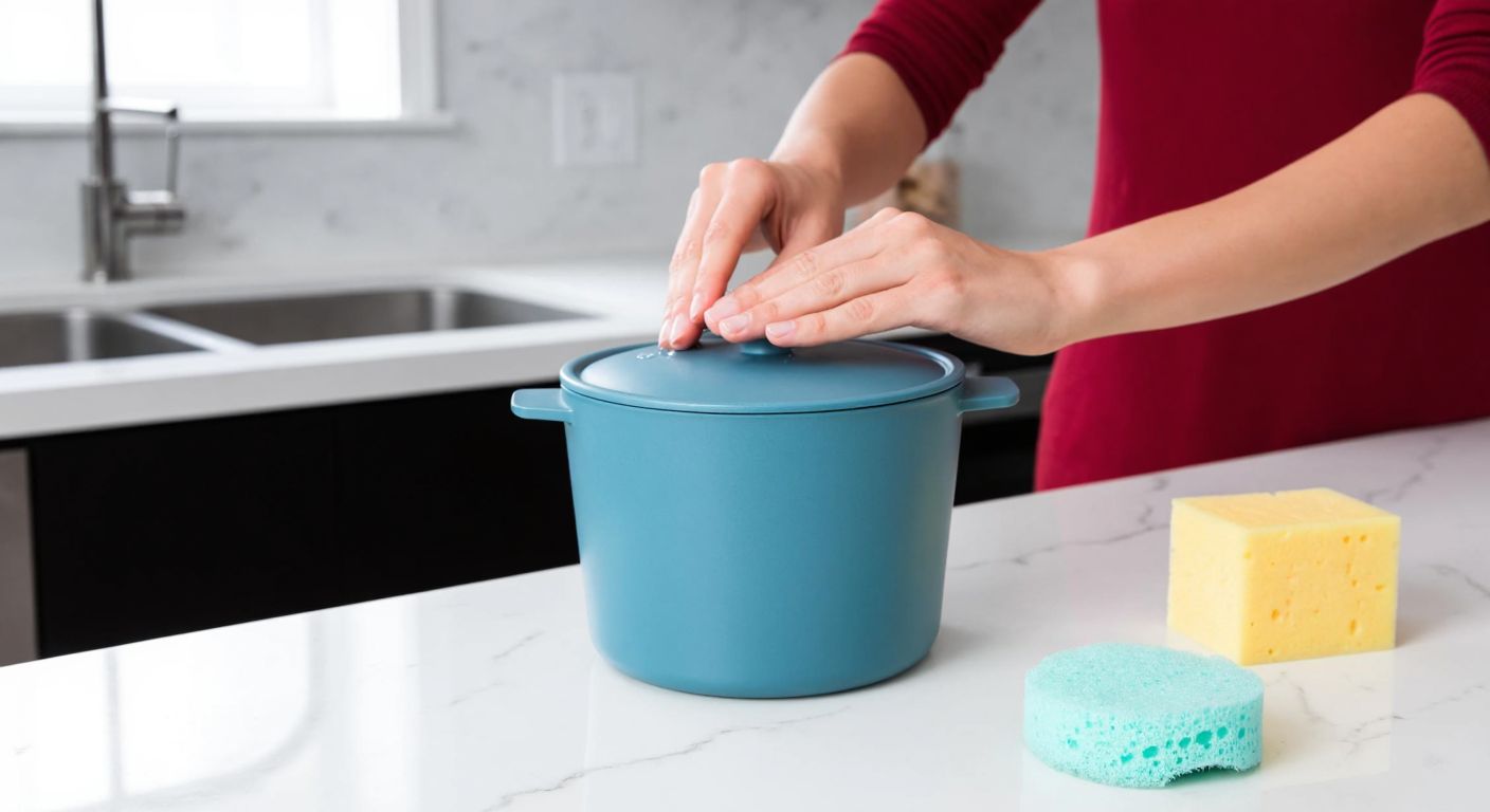 A modern Turkish kitchen with a blue Neoflam Fika glass container being gently washed under warm water by a pair of hands, while a soft sponge and dish soap sit nearby on a marble countertop.