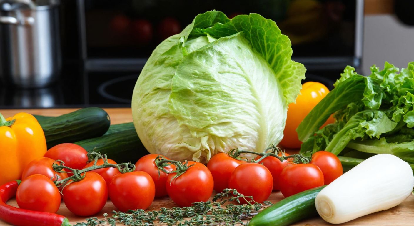 A vibrant Turkish kitchen counter with a crisp, round head of göbek marul surrounded by fresh tomatoes, cucumbers, and peppers, ready to be chopped into a colorful salad.
