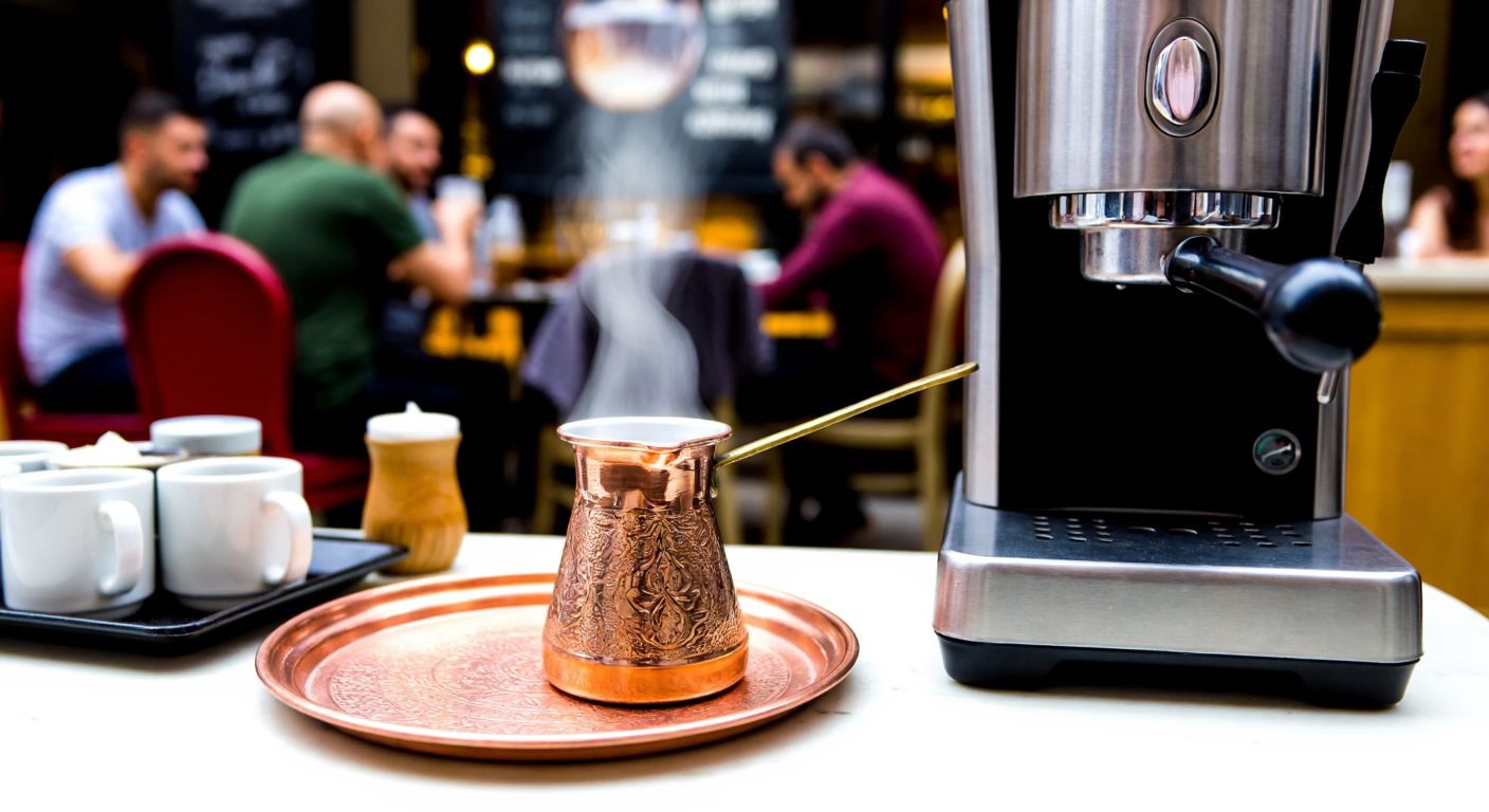 A traditional Turkish coffee pot (cezve) steaming on a copper tray beside a modern coffee machine, set against a backdrop of a bustling Istanbul café with people chatting and enjoying coffee.