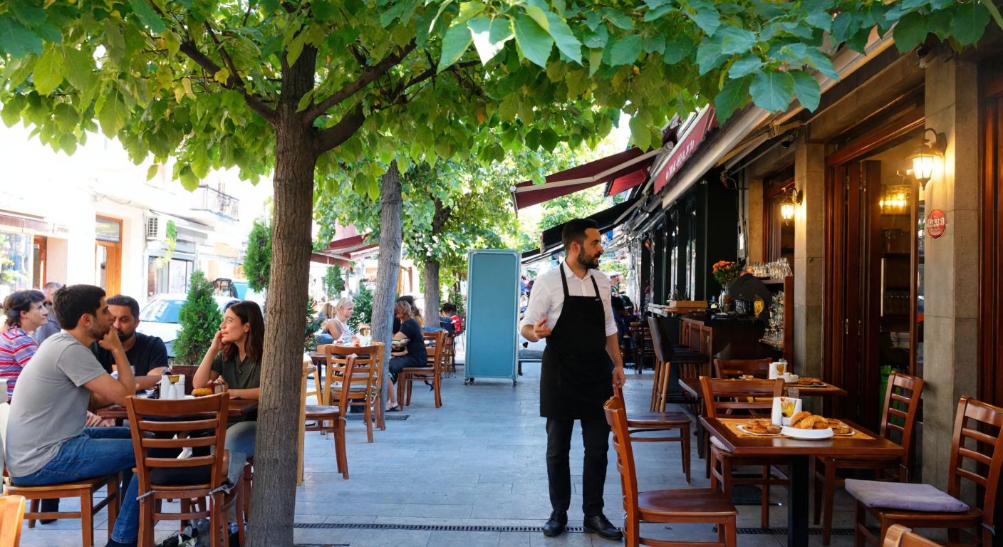 A cozy café in Karşıyaka with outdoor seating under a leafy tree, where a curious customer in casual attire leans toward a waiter in a black apron, gesturing as if asking a question, while other patrons enjoy Turkish tea and pastries at nearby tables.