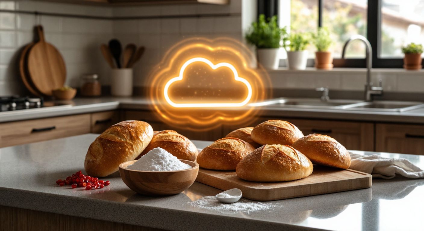 A Turkish kitchen counter with a bowl of baking soda next to freshly baked bread, a cloud-shaped storage icon hovering above, and a glowing energy symbol representing carbohydrates.