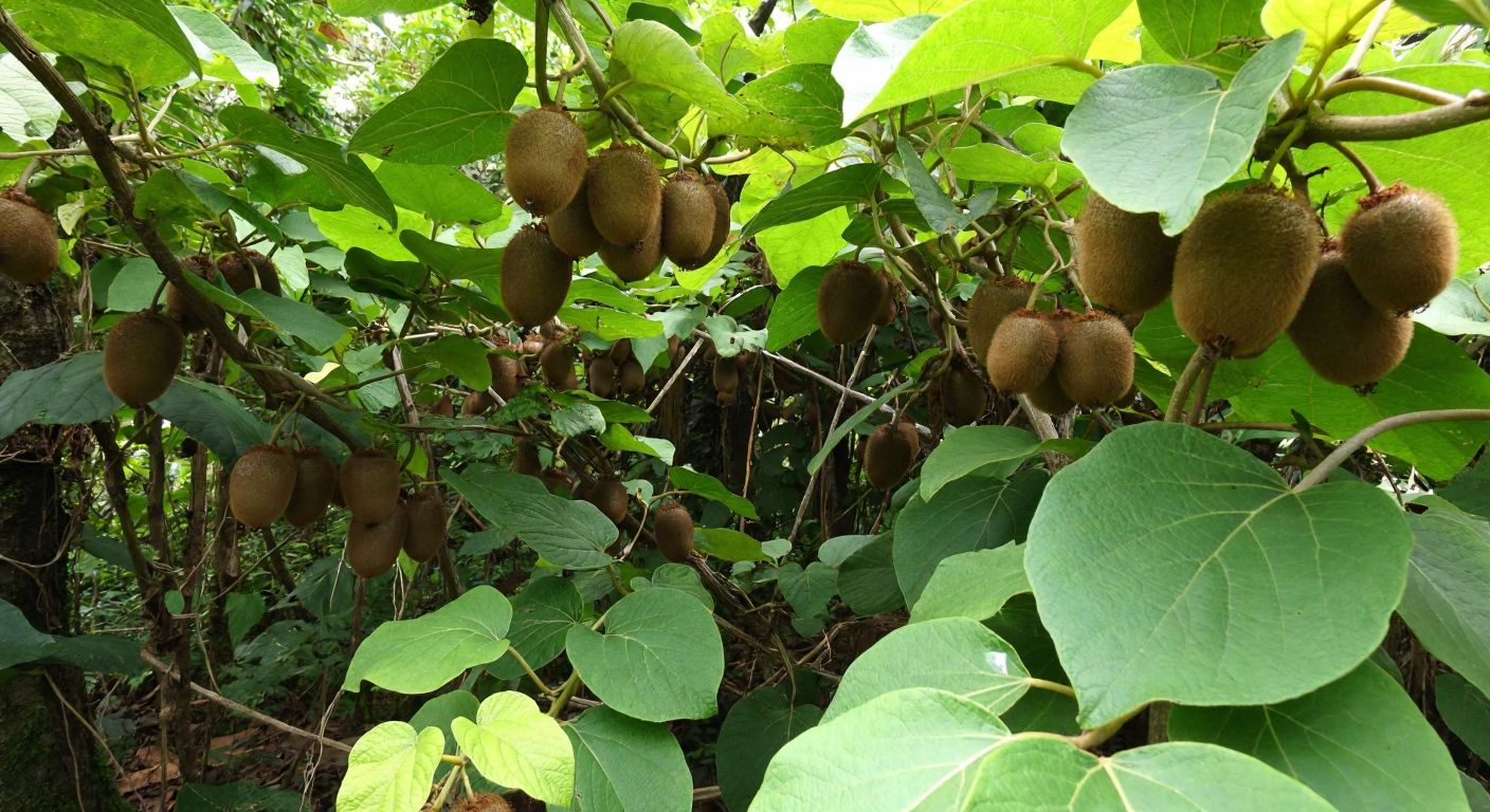 A lush green tropical forest in Southeast Asia with vibrant kiwi vines climbing trees, their fuzzy brown fruits hanging among broad leaves.
