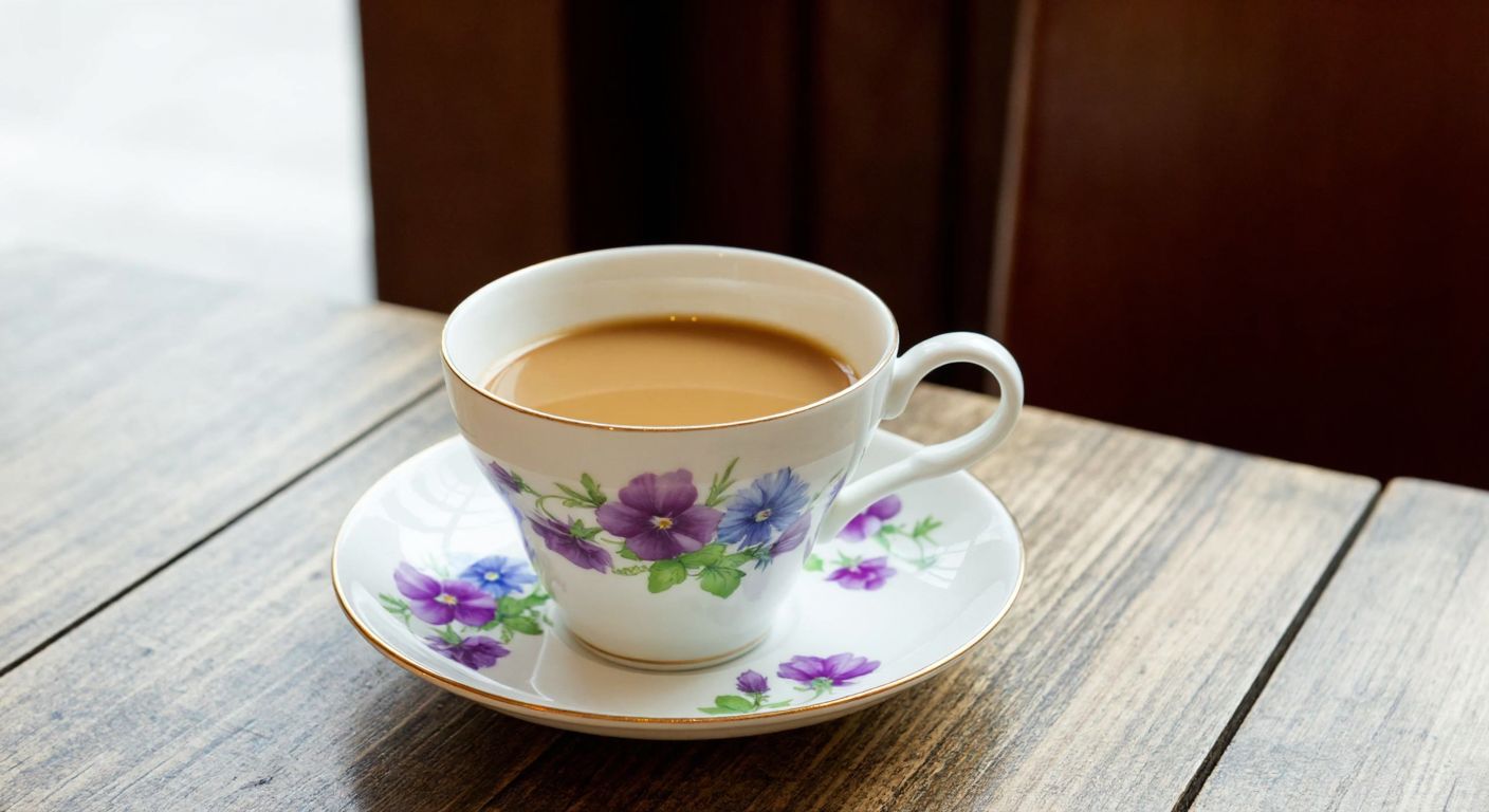 A delicate porcelain cup filled with lightly brewed coffee, its surface adorned with a faint floral pattern of violets and cornflowers, resting on a rustic wooden table in a cozy German café.