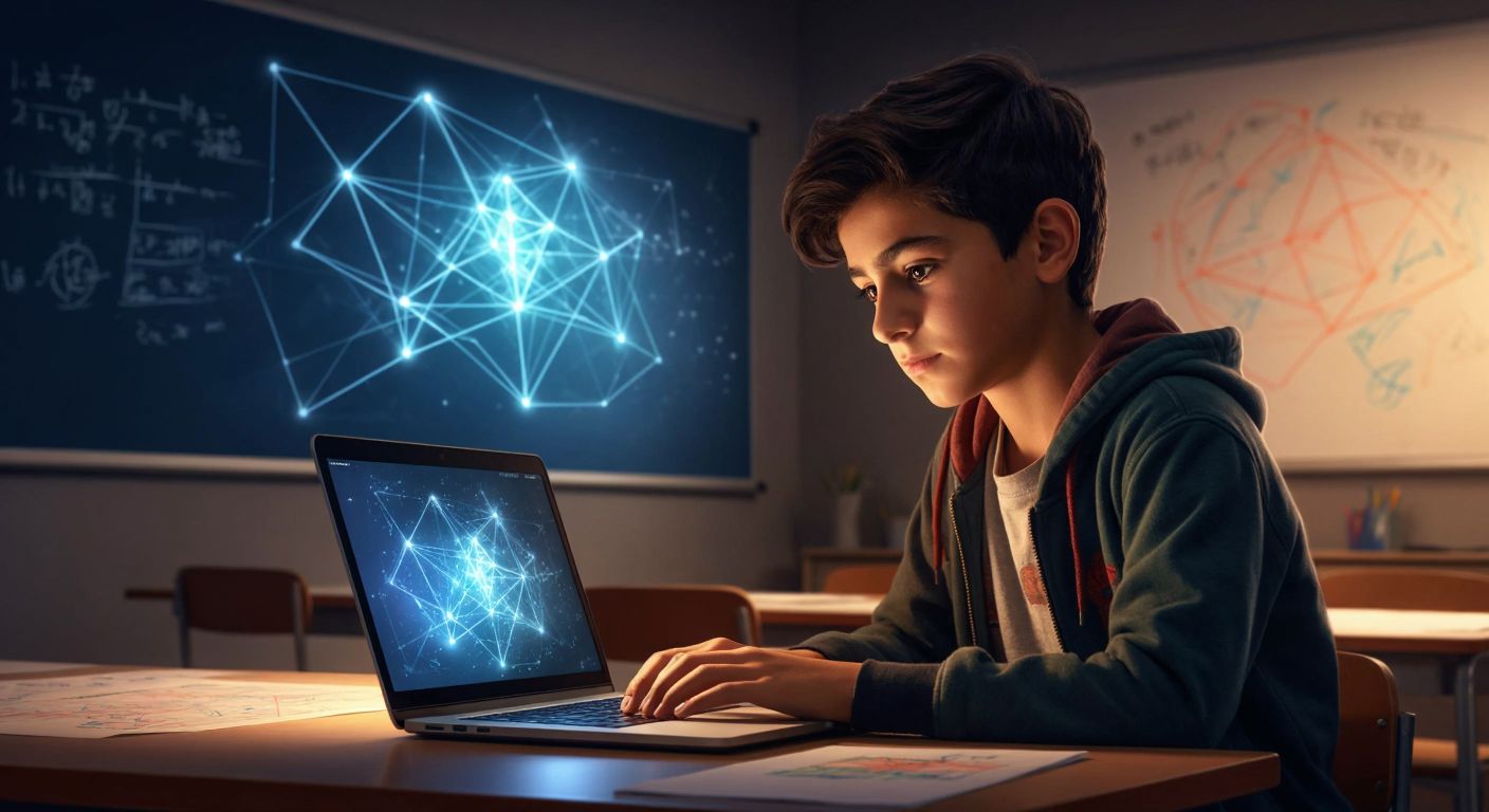 A young Turkish student in a classroom gazes thoughtfully at a glowing laptop screen displaying abstract mathematical patterns, while a teacher points to a whiteboard with geometric shapes.