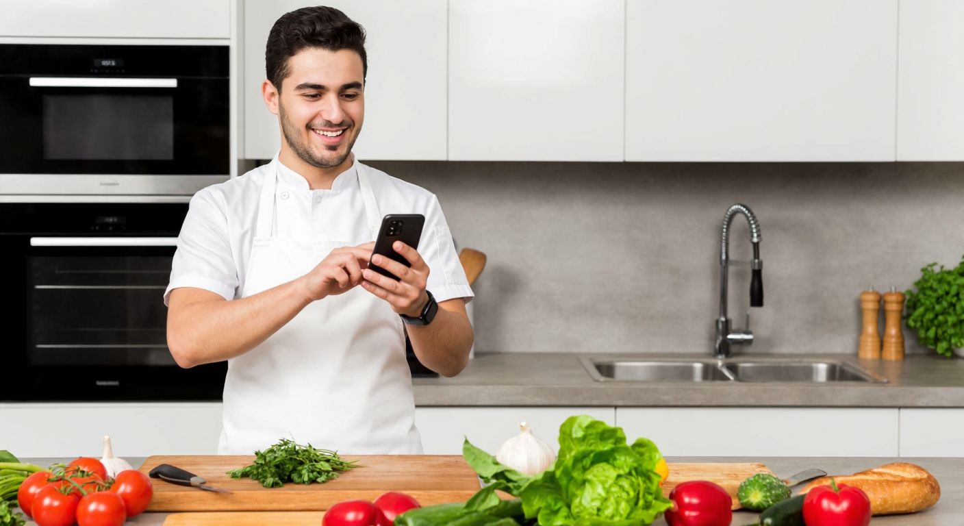 A cheerful young Turkish chef in a white apron stands in a bright, modern kitchen, holding a smartphone displaying a colorful cooking app with no visible text, surrounded by fresh ingredients like tomatoes, peppers, and herbs.