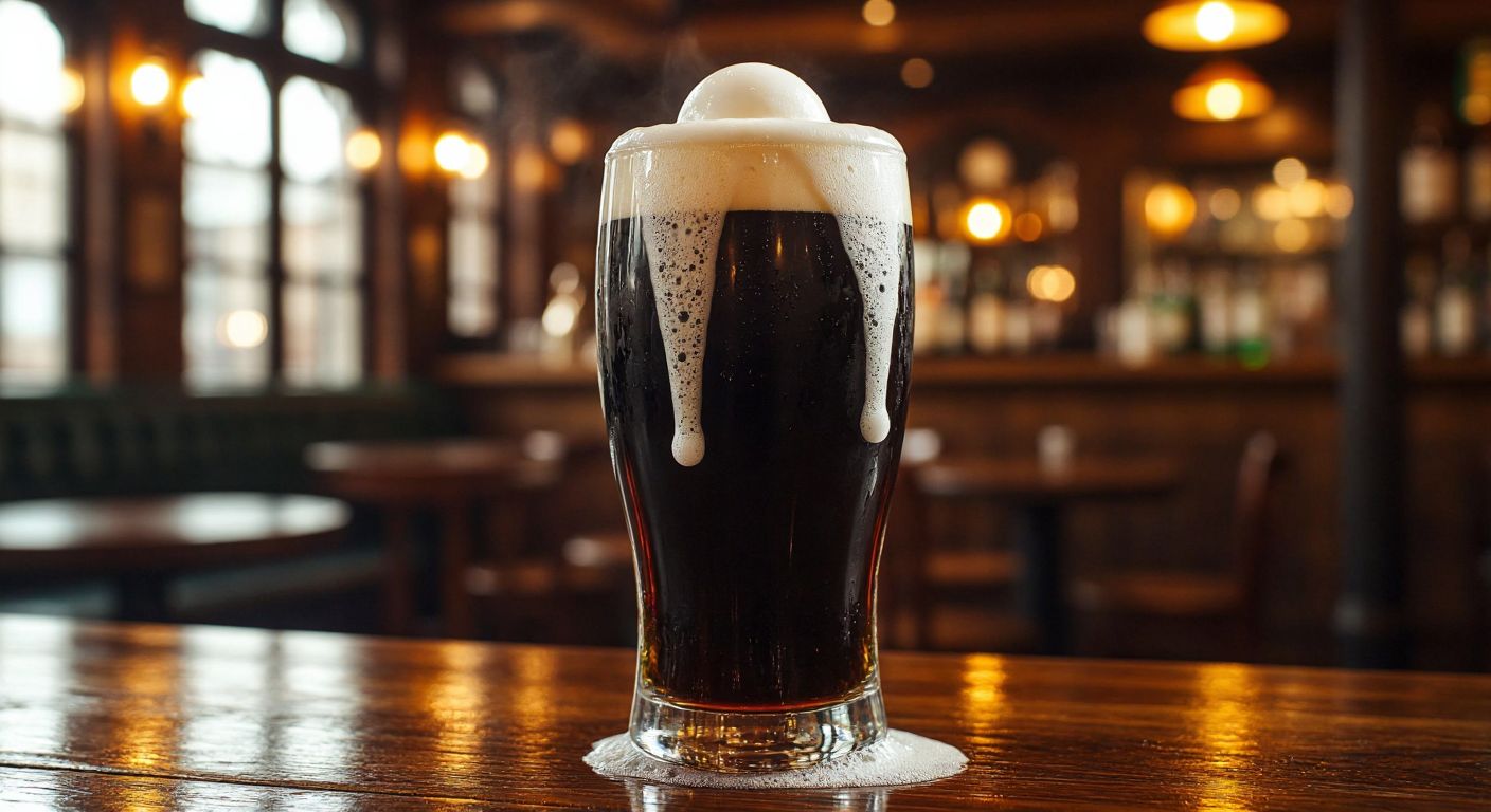 A dark pint of Guinness beer with a creamy white foam cascading down the sides, a small nitrogen-filled ball floating inside the glass, surrounded by the warm ambiance of a cozy Irish pub.