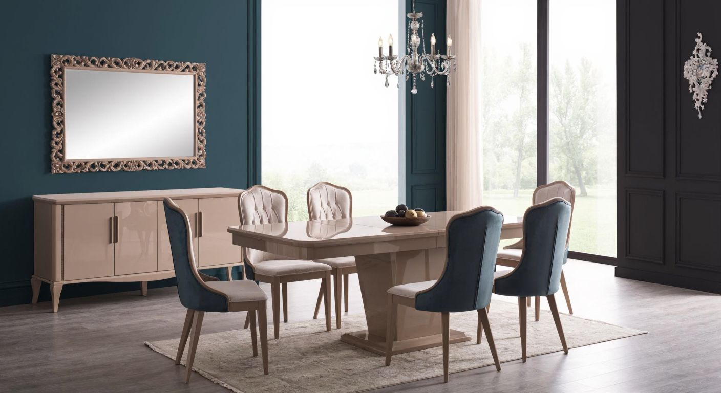 A modern Turkish dining room set with a glossy wooden table, six upholstered chairs, a matching console with an ornate mirror, and an extendable leaf, all arranged in a sunlit home setting.