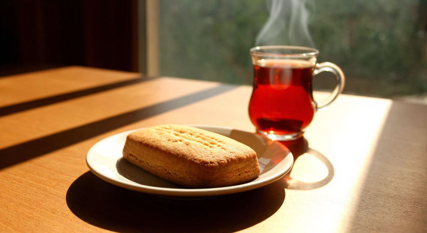 A single golden-brown Albeni Viva biscuit resting on a small plate, with a warm Turkish tea glass steaming beside it on a sunlit wooden table.